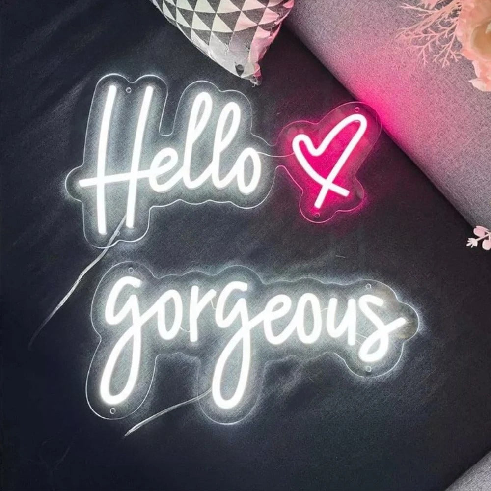 Wall Hanging Salon Neon Led Sign  Personalized Mirror Hello Gorgeous White  